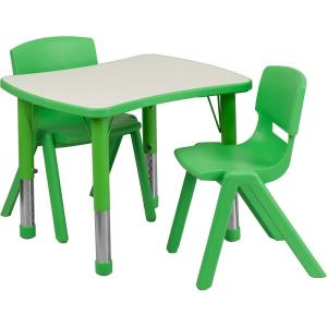 Flash Furniture Emmy 21.875”W x 26.625”L Rectangular Green Plastic Height Adjustable Activity Table Set with 2 Chairs(Green)
