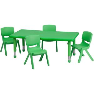Flash Furniture Emmy 24”W x 48”L Rectangular Red Plastic Height Adjustable Activity Table Set with 4 Chairs(Green)