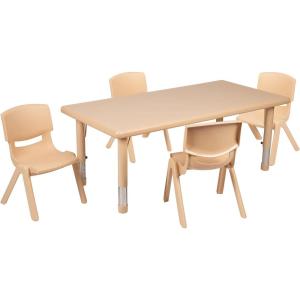 Flash Furniture Emmy 24”W x 48”L Rectangular Red Plastic Height Adjustable Activity Table Set with 4 Chairs(Natural)