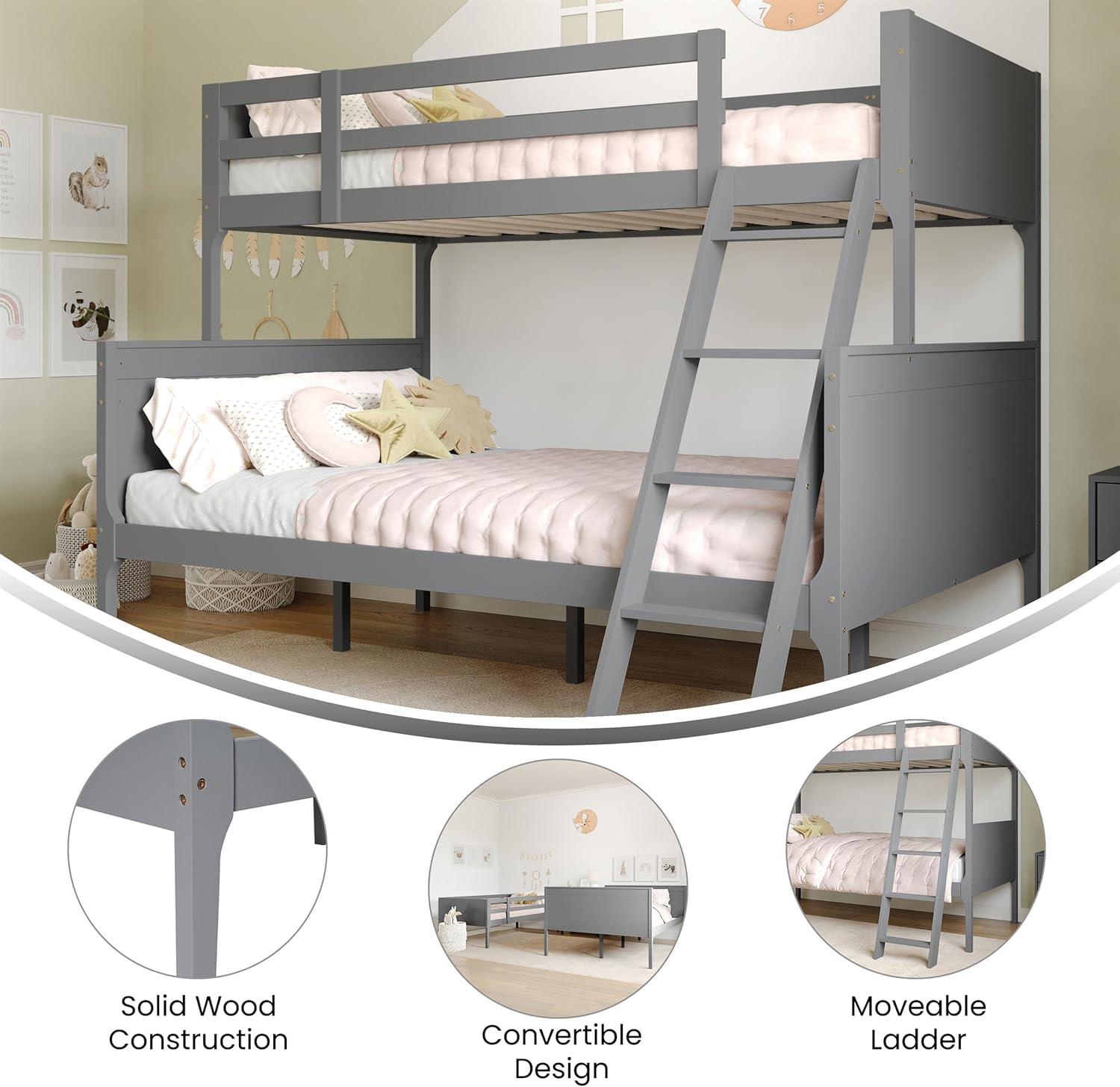 image:imageFlash Furniture Dallas TwinOverFull Convertible Wood Bunk Bed Slatted Wood Kids Bunk Bed Frame with Ladder No Box Spring Needed GrayGrey