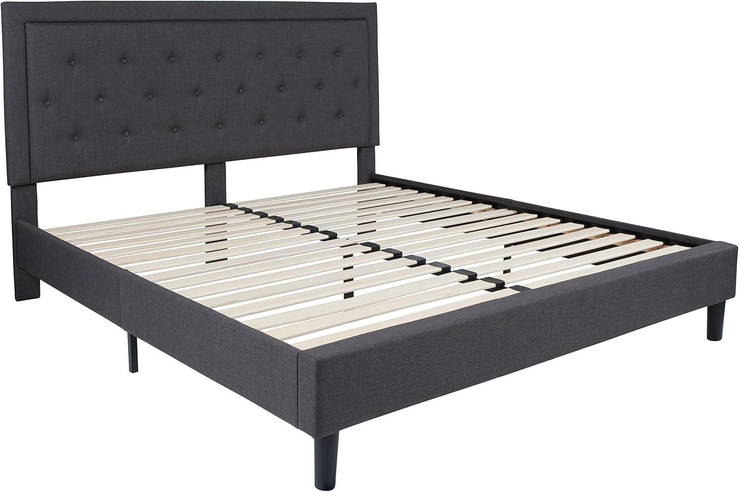 image:imageFlash Furniture Roxbury King Size Tufted Upholstered Platform Bed in Black Fabric with 10 Inch CertiPURUS Certified Pocket Spring MattressDark Gray