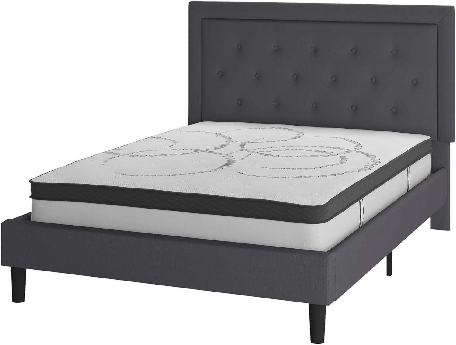 image:imageFlash Furniture Roxbury King Size Tufted Upholstered Platform Bed in Black Fabric with 10 Inch CertiPURUS Certified Pocket Spring MattressDark Gray