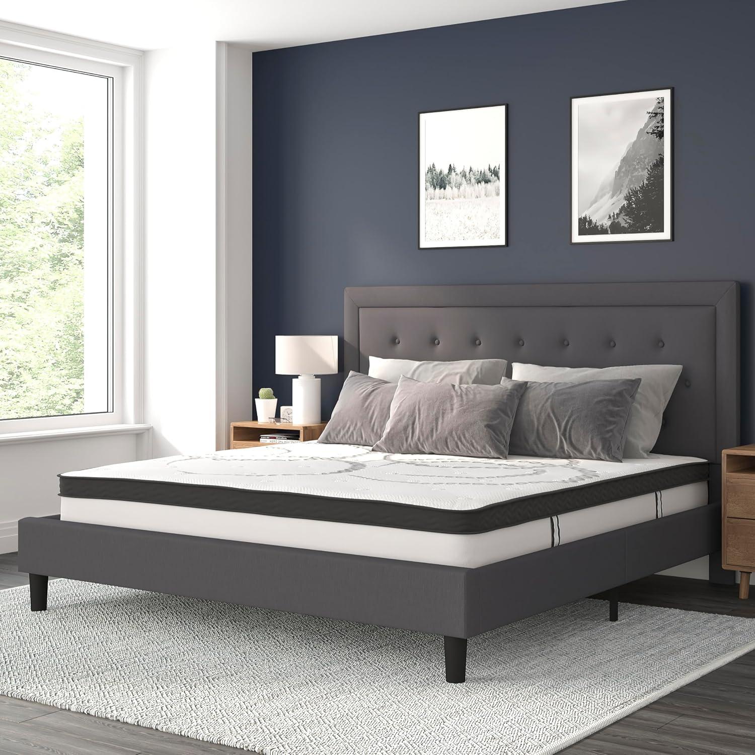 image:imageFlash Furniture Roxbury King Size Tufted Upholstered Platform Bed in Black Fabric with 10 Inch CertiPURUS Certified Pocket Spring MattressDark Gray