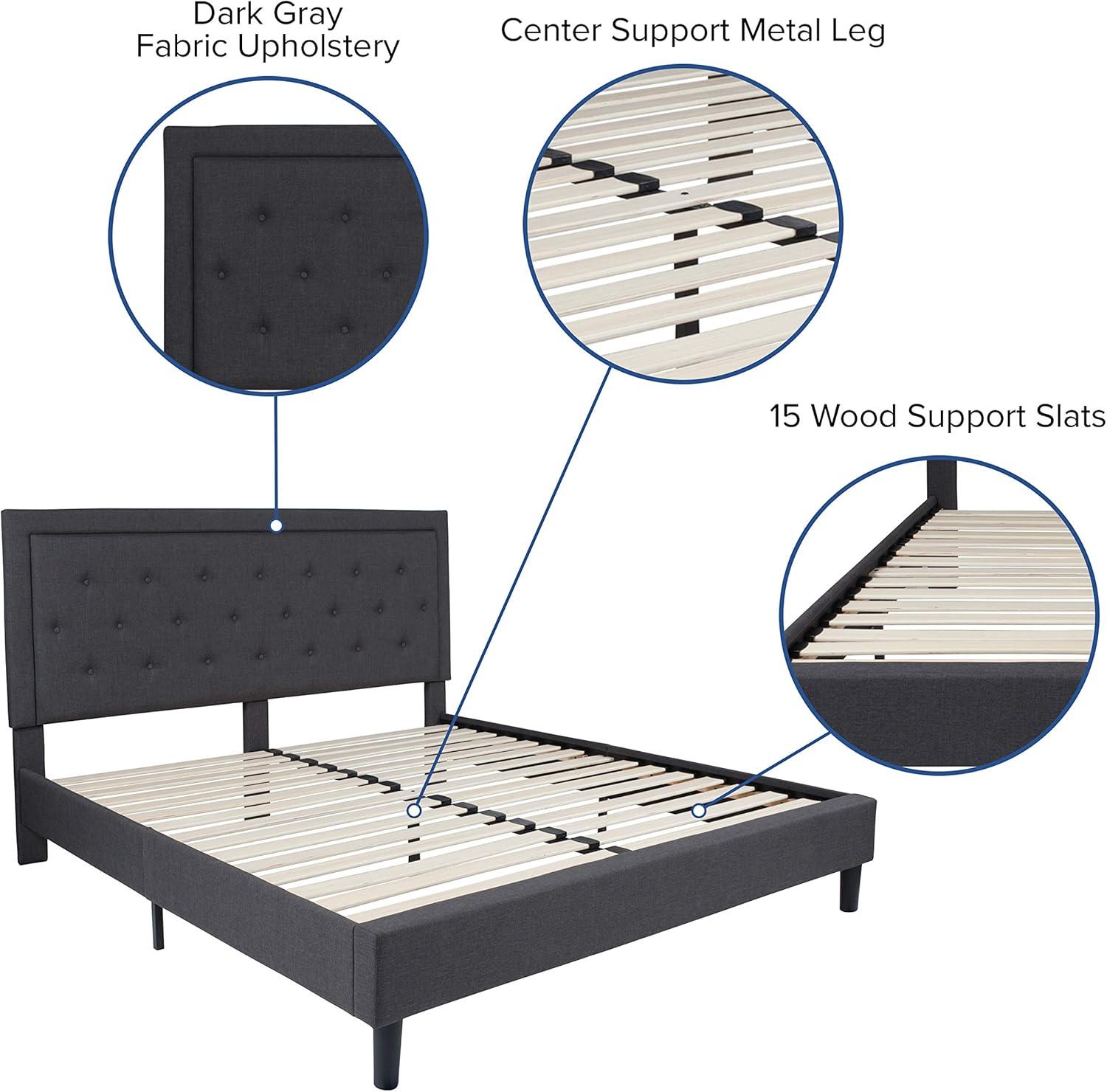 image:imageFlash Furniture Roxbury King Size Tufted Upholstered Platform Bed in Black Fabric with 10 Inch CertiPURUS Certified Pocket Spring MattressDark Gray