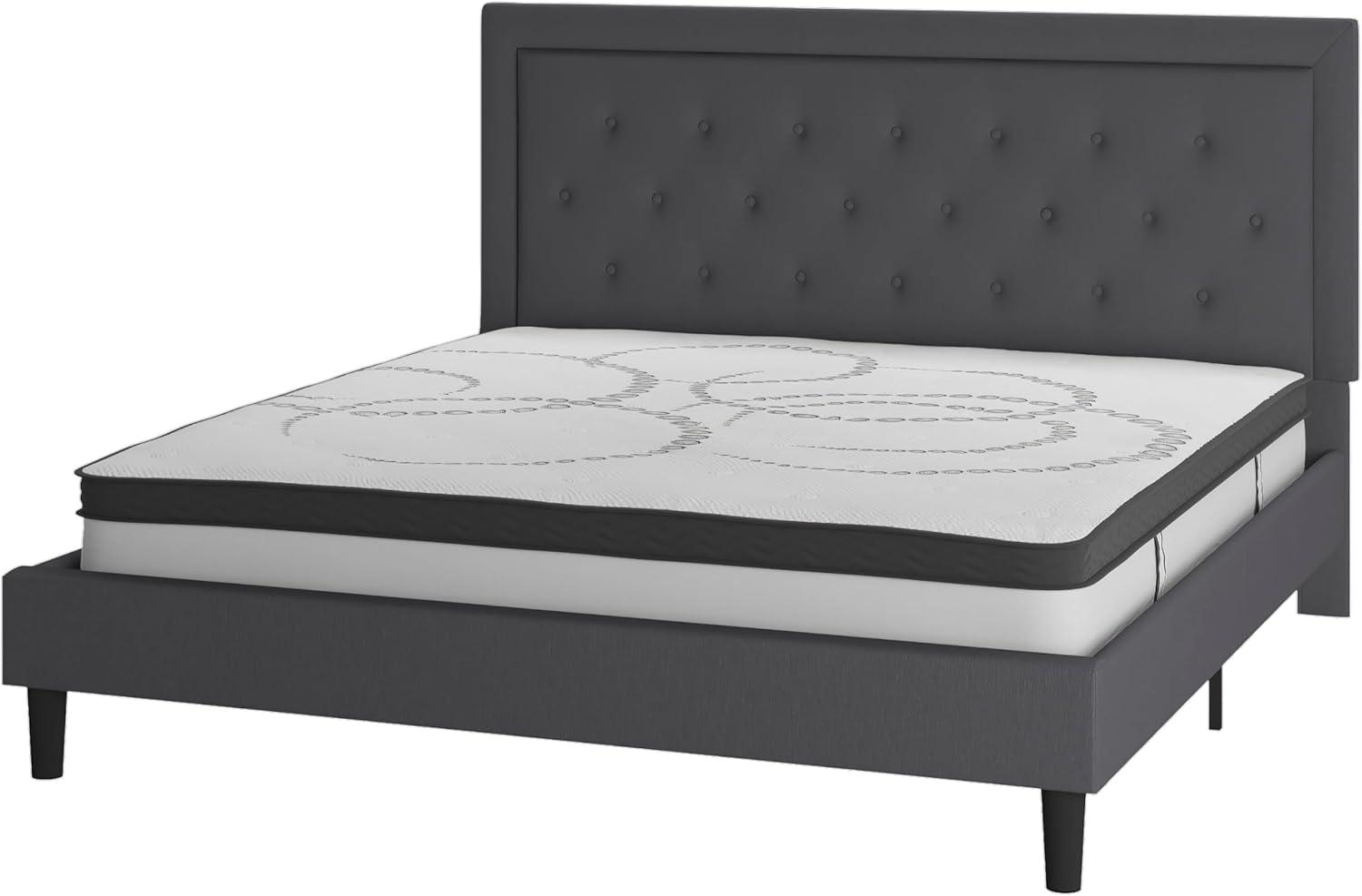image:imageFlash Furniture Roxbury King Size Tufted Upholstered Platform Bed in Black Fabric with 10 Inch CertiPURUS Certified Pocket Spring MattressDark Gray