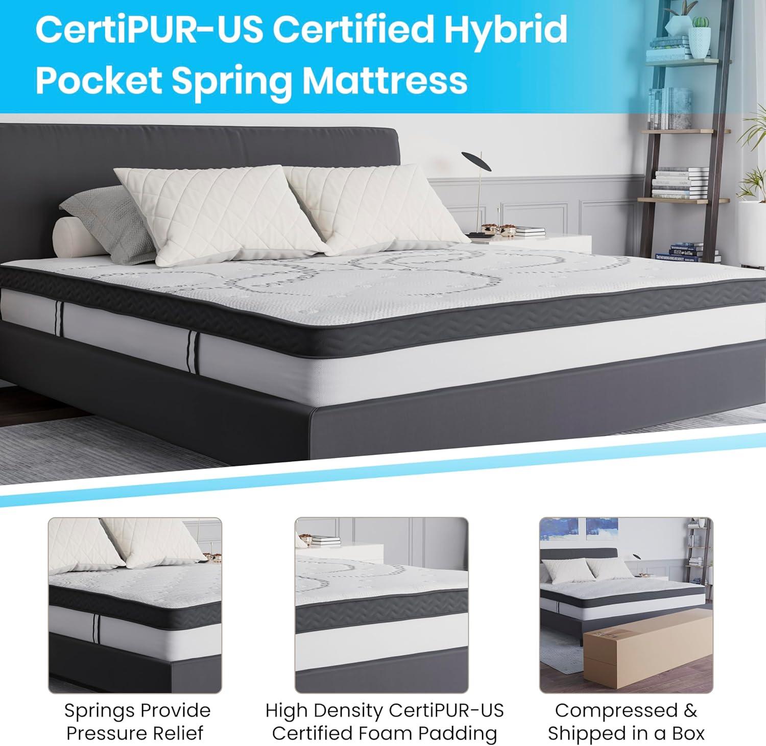 image:imageFlash Furniture Roxbury King Size Tufted Upholstered Platform Bed in Black Fabric with 10 Inch CertiPURUS Certified Pocket Spring MattressDark Gray