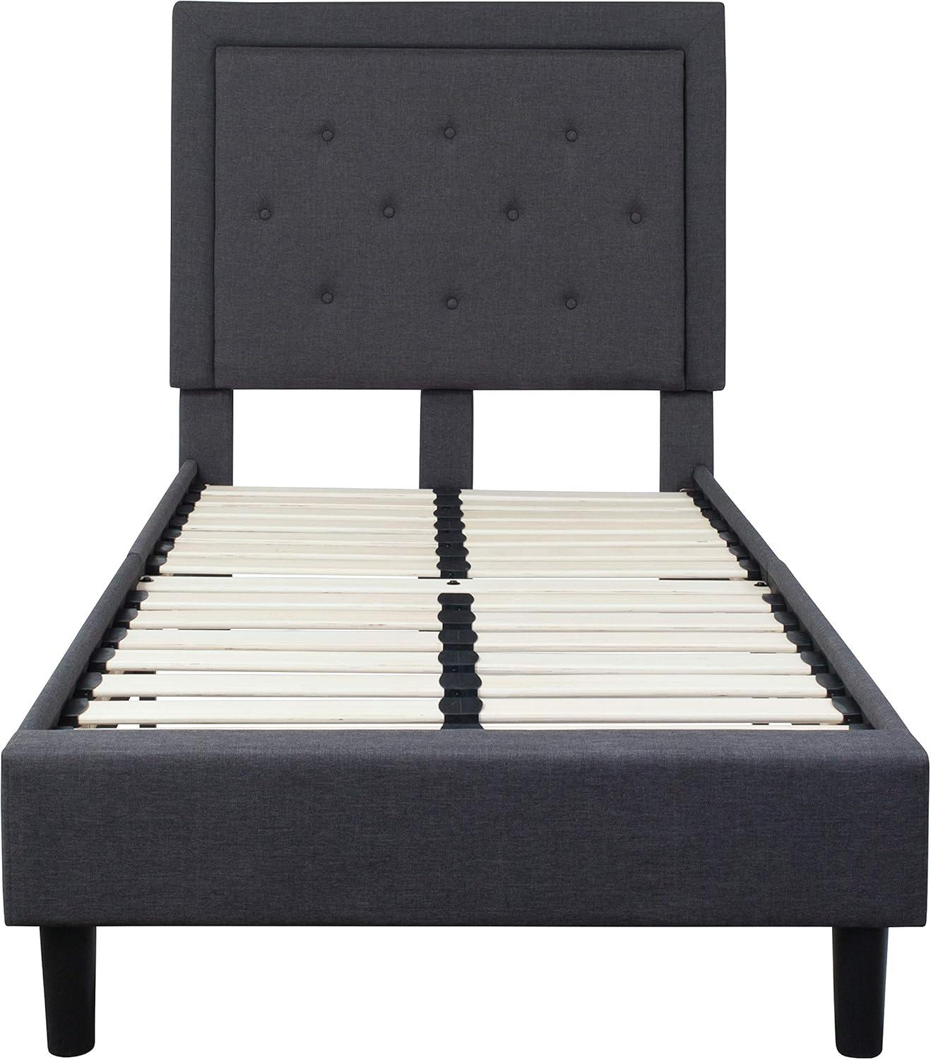 image:imageFlash Furniture Roxbury King Size Tufted Upholstered Platform Bed in Black Fabric with 10 Inch CertiPURUS Certified Pocket Spring MattressDark Gray