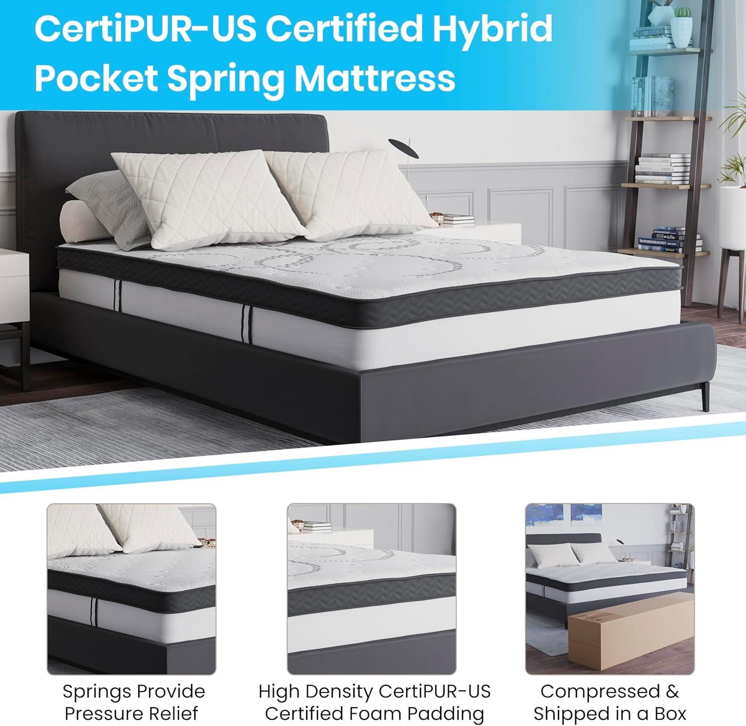 image:imageFlash Furniture Roxbury King Size Tufted Upholstered Platform Bed in Black Fabric with 10 Inch CertiPURUS Certified Pocket Spring MattressDark Gray