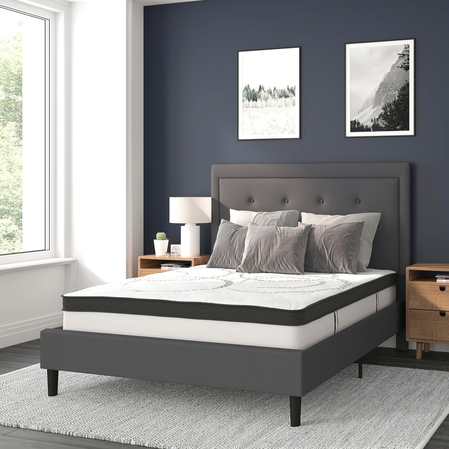 image:imageFlash Furniture Roxbury King Size Tufted Upholstered Platform Bed in Black Fabric with 10 Inch CertiPURUS Certified Pocket Spring MattressDark Gray
