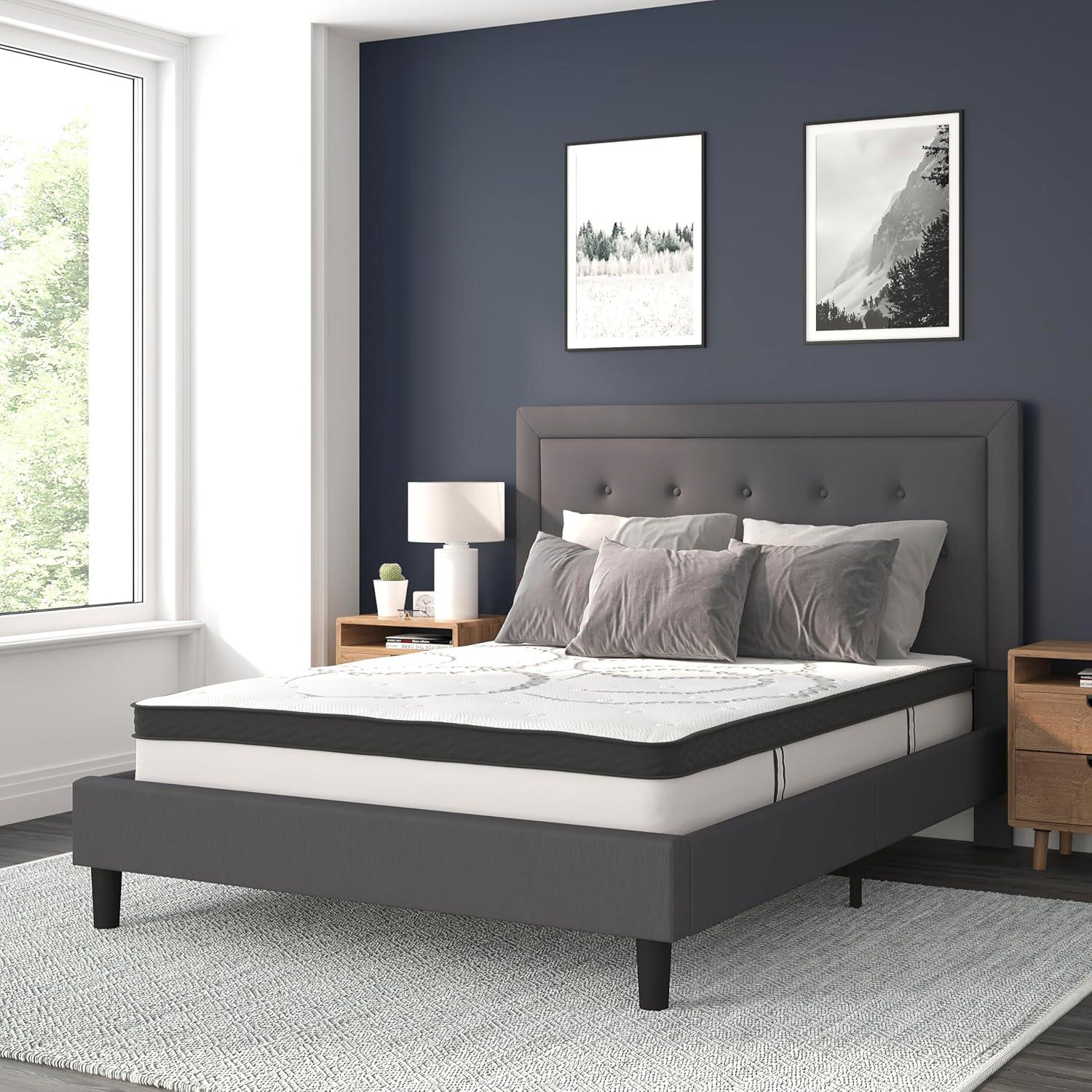 image:imageFlash Furniture Roxbury King Size Tufted Upholstered Platform Bed in Black Fabric with 10 Inch CertiPURUS Certified Pocket Spring MattressDark Gray