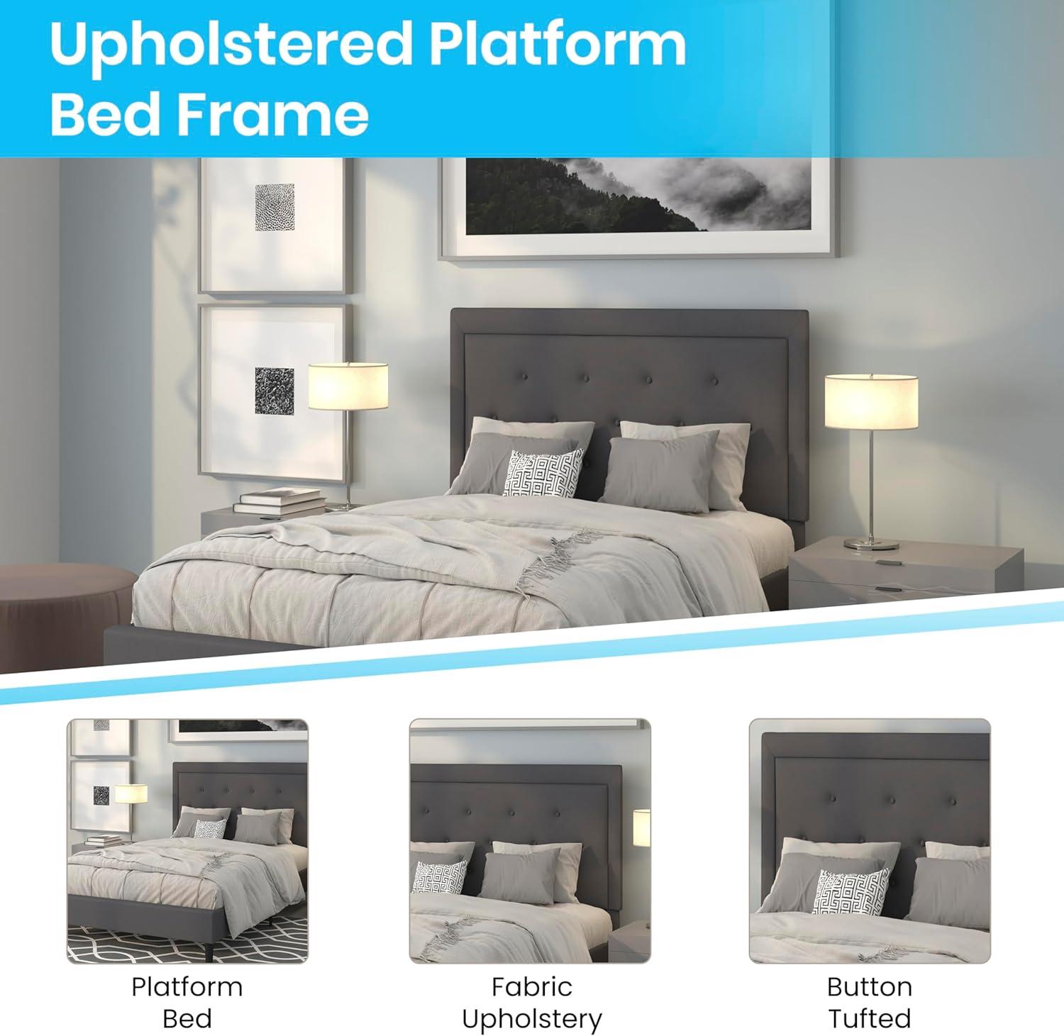 image:imageFlash Furniture Roxbury King Size Tufted Upholstered Platform Bed in Black Fabric with 10 Inch CertiPURUS Certified Pocket Spring MattressDark Gray