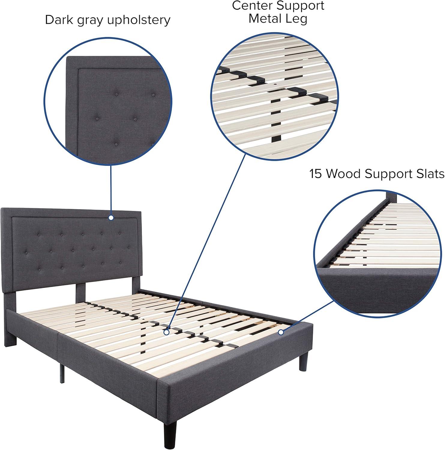 image:imageFlash Furniture Roxbury King Size Tufted Upholstered Platform Bed in Black Fabric with 10 Inch CertiPURUS Certified Pocket Spring MattressDark Gray