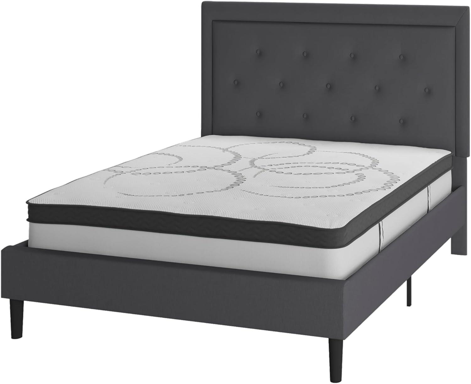 image:imageFlash Furniture Roxbury King Size Tufted Upholstered Platform Bed in Black Fabric with 10 Inch CertiPURUS Certified Pocket Spring MattressDark Gray
