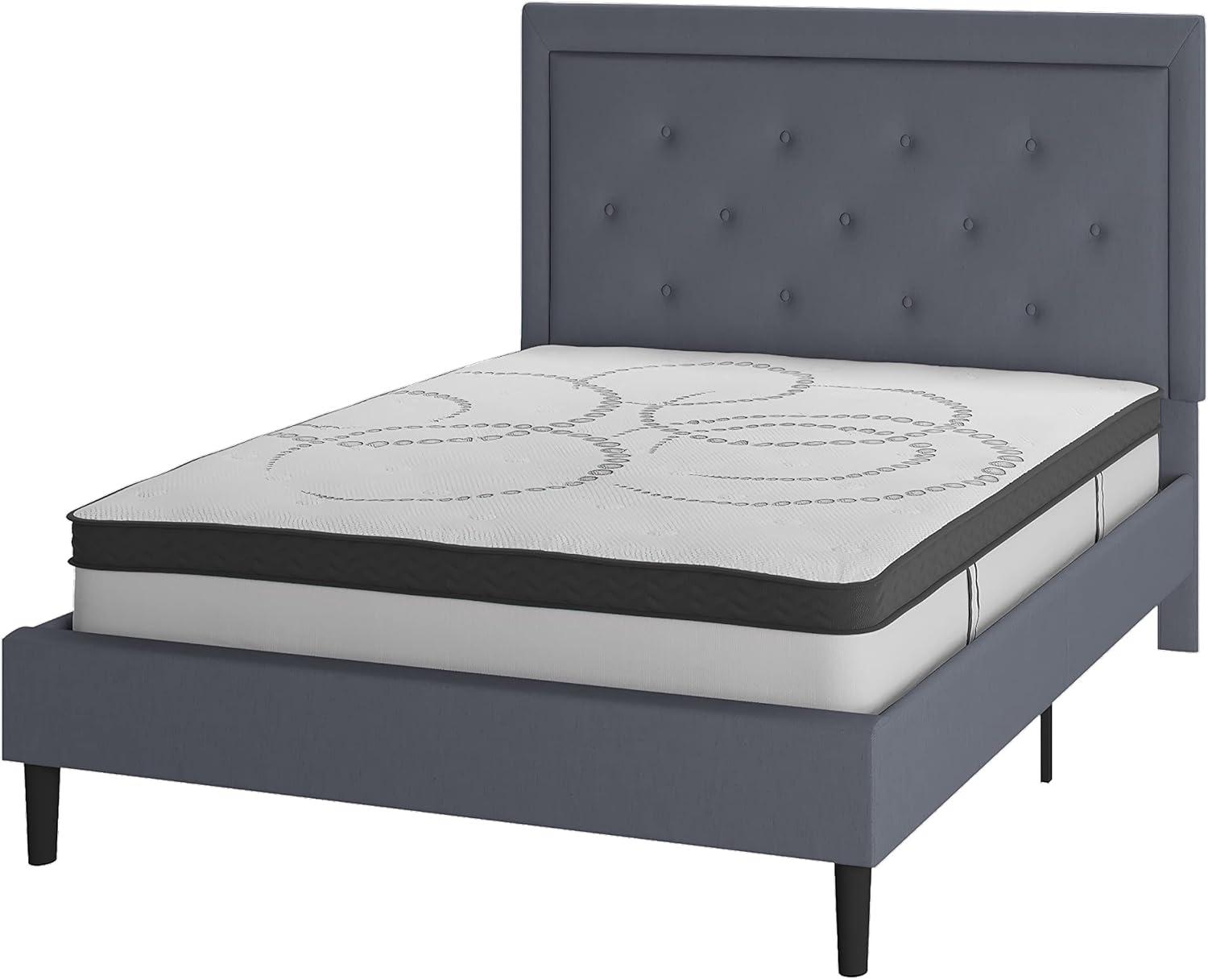 image:imageFlash Furniture Roxbury King Size Tufted Upholstered Platform Bed in Black Fabric with 10 Inch CertiPURUS Certified Pocket Spring MattressLight Gray