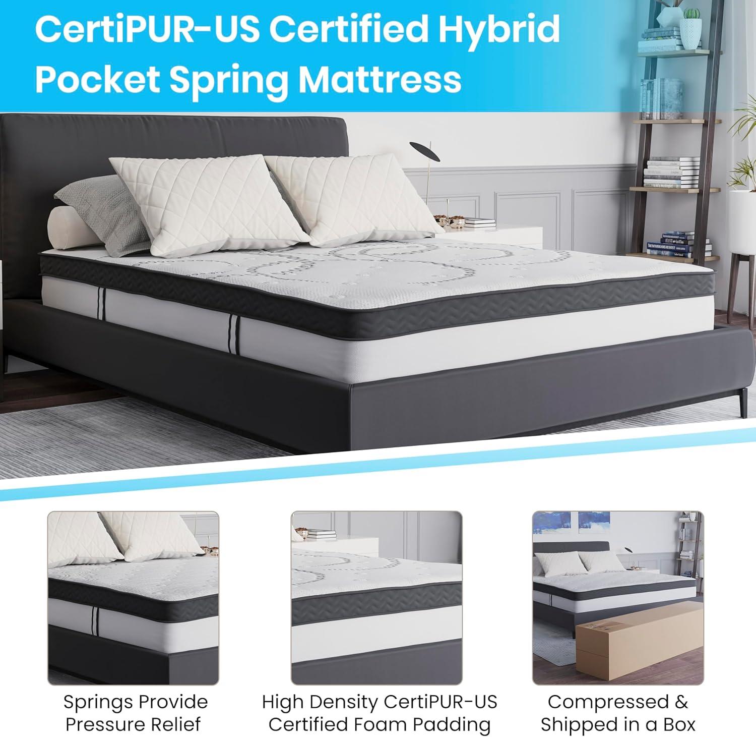 image:imageFlash Furniture Roxbury King Size Tufted Upholstered Platform Bed in Black Fabric with 10 Inch CertiPURUS Certified Pocket Spring MattressLight Gray