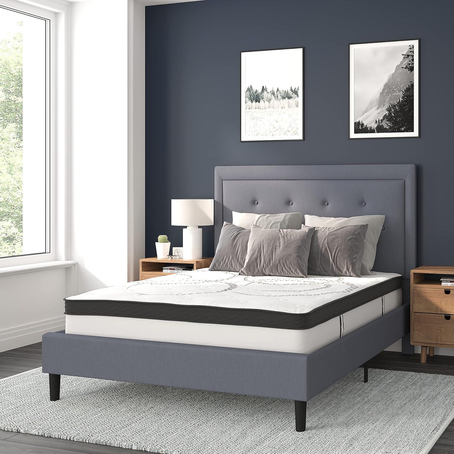 image:imageFlash Furniture Roxbury King Size Tufted Upholstered Platform Bed in Black Fabric with 10 Inch CertiPURUS Certified Pocket Spring MattressLight Gray