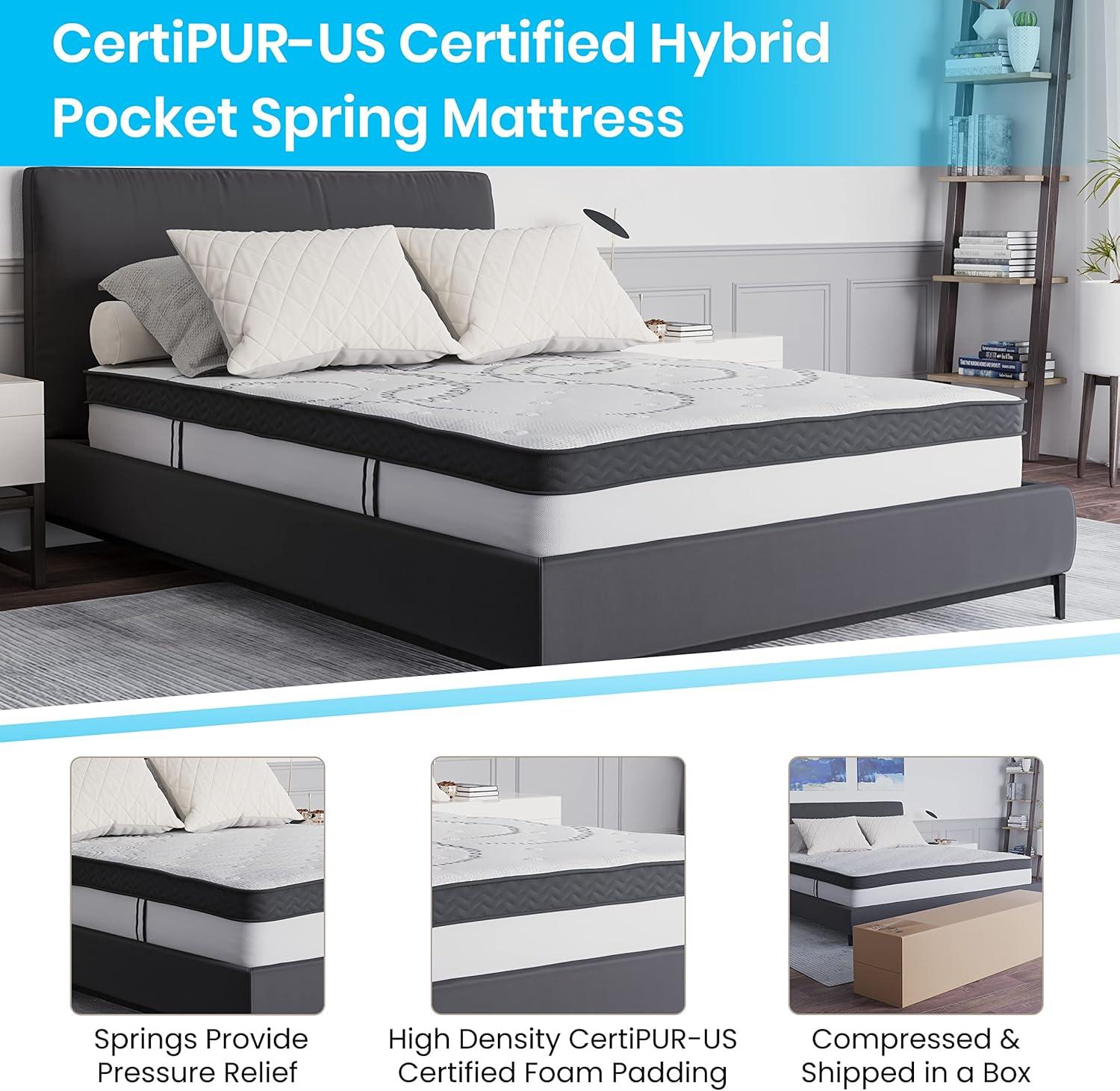 image:imageFlash Furniture Roxbury King Size Tufted Upholstered Platform Bed in Black Fabric with 10 Inch CertiPURUS Certified Pocket Spring MattressLight Gray