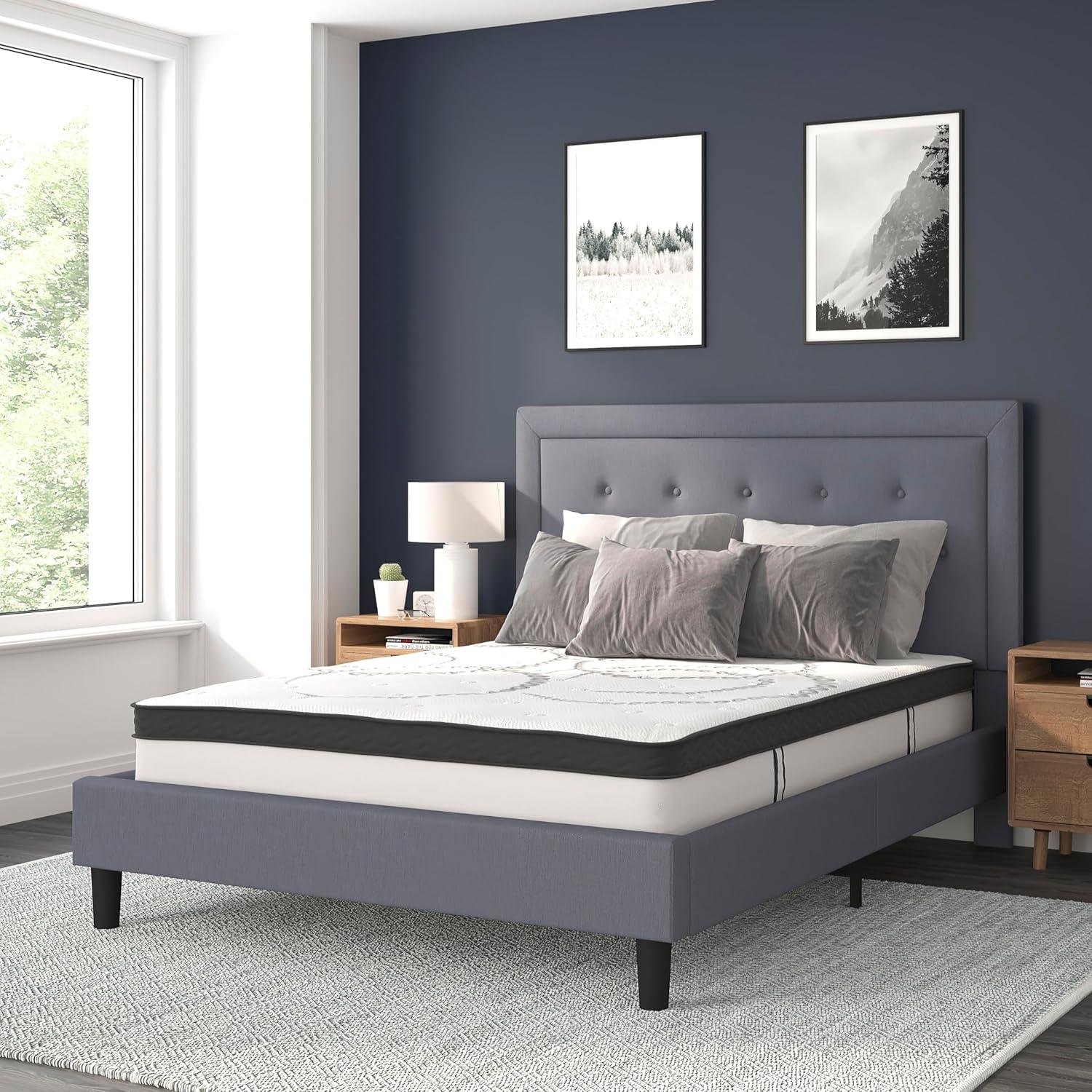 image:imageFlash Furniture Roxbury King Size Tufted Upholstered Platform Bed in Black Fabric with 10 Inch CertiPURUS Certified Pocket Spring MattressLight Gray