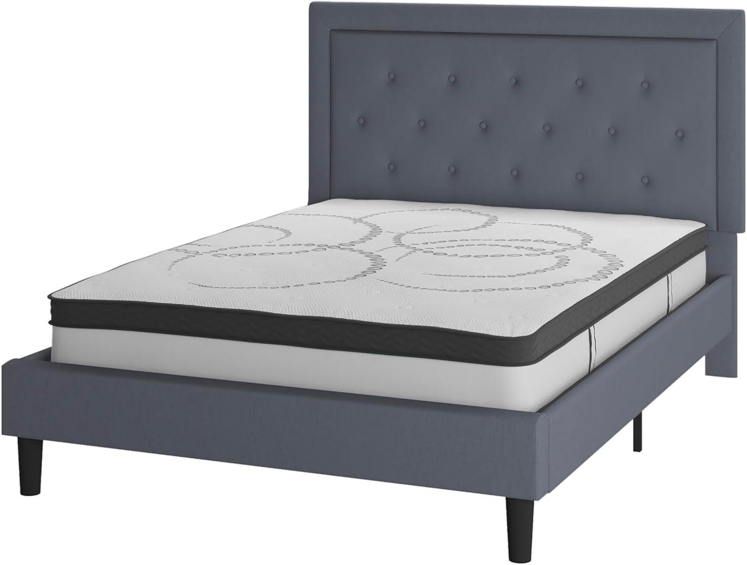 image:imageFlash Furniture Roxbury King Size Tufted Upholstered Platform Bed in Black Fabric with 10 Inch CertiPURUS Certified Pocket Spring MattressLight Gray