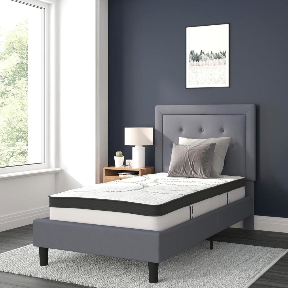 image:imageFlash Furniture Roxbury King Size Tufted Upholstered Platform Bed in Black Fabric with 10 Inch CertiPURUS Certified Pocket Spring MattressLight Gray