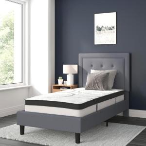 Flash Furniture Roxbury King Size Tufted Upholstered Platform Bed in Black Fabric with 10 Inch CertiPUR-US Certified Pocket Spring Mattress(Light Gray)