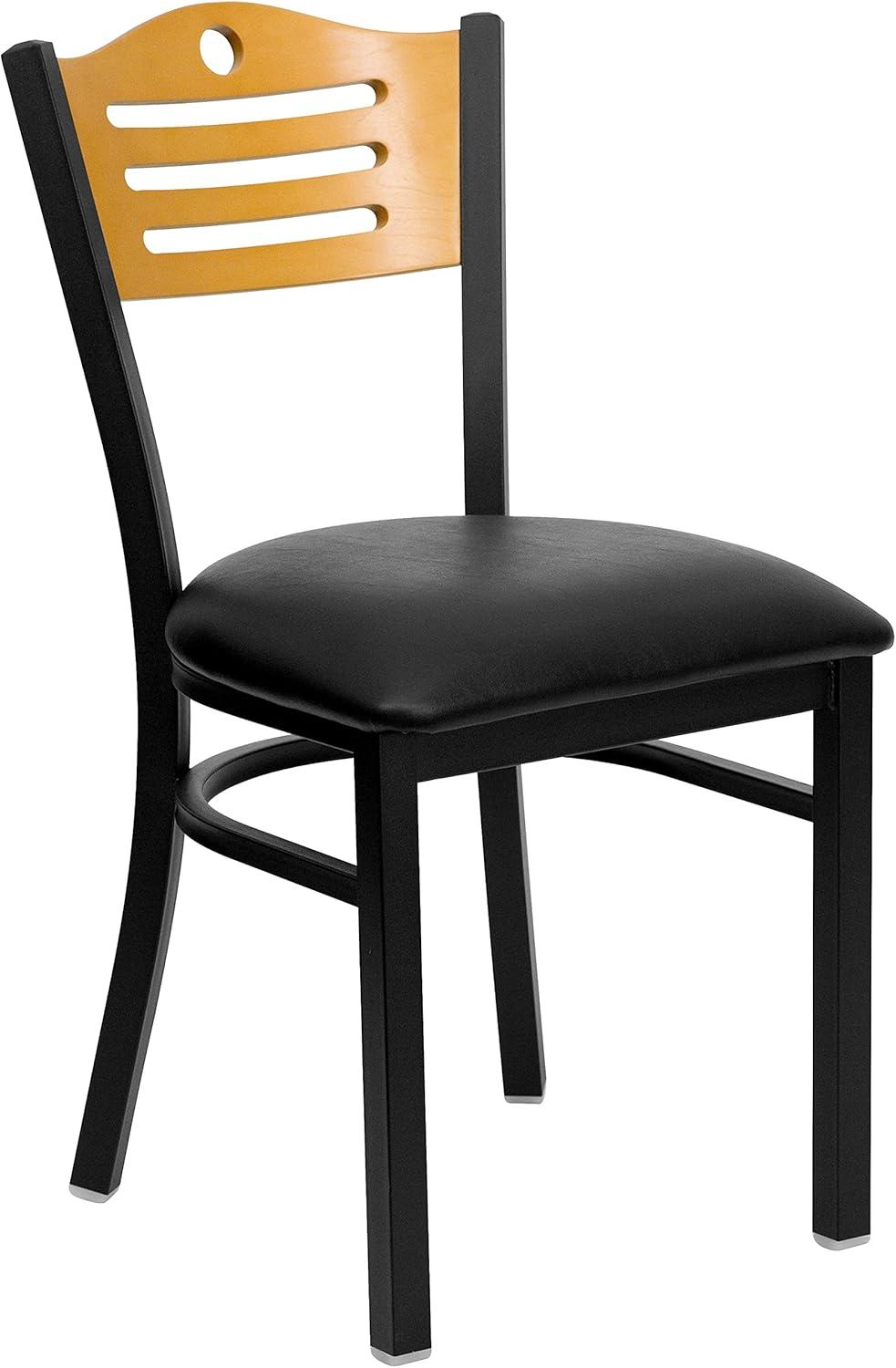image:imageFlash Furniture 4 Pack HERCULES Series Black Slat Back Metal Restaurant Chair Natural Wood Back Black Vinyl Seat