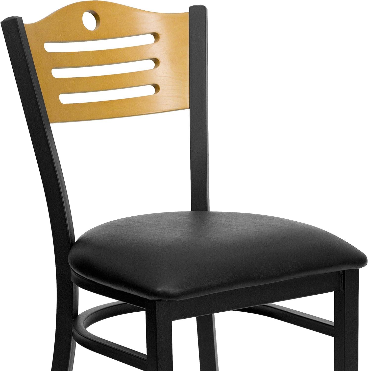 image:imageFlash Furniture 4 Pack HERCULES Series Black Slat Back Metal Restaurant Chair Natural Wood Back Black Vinyl Seat