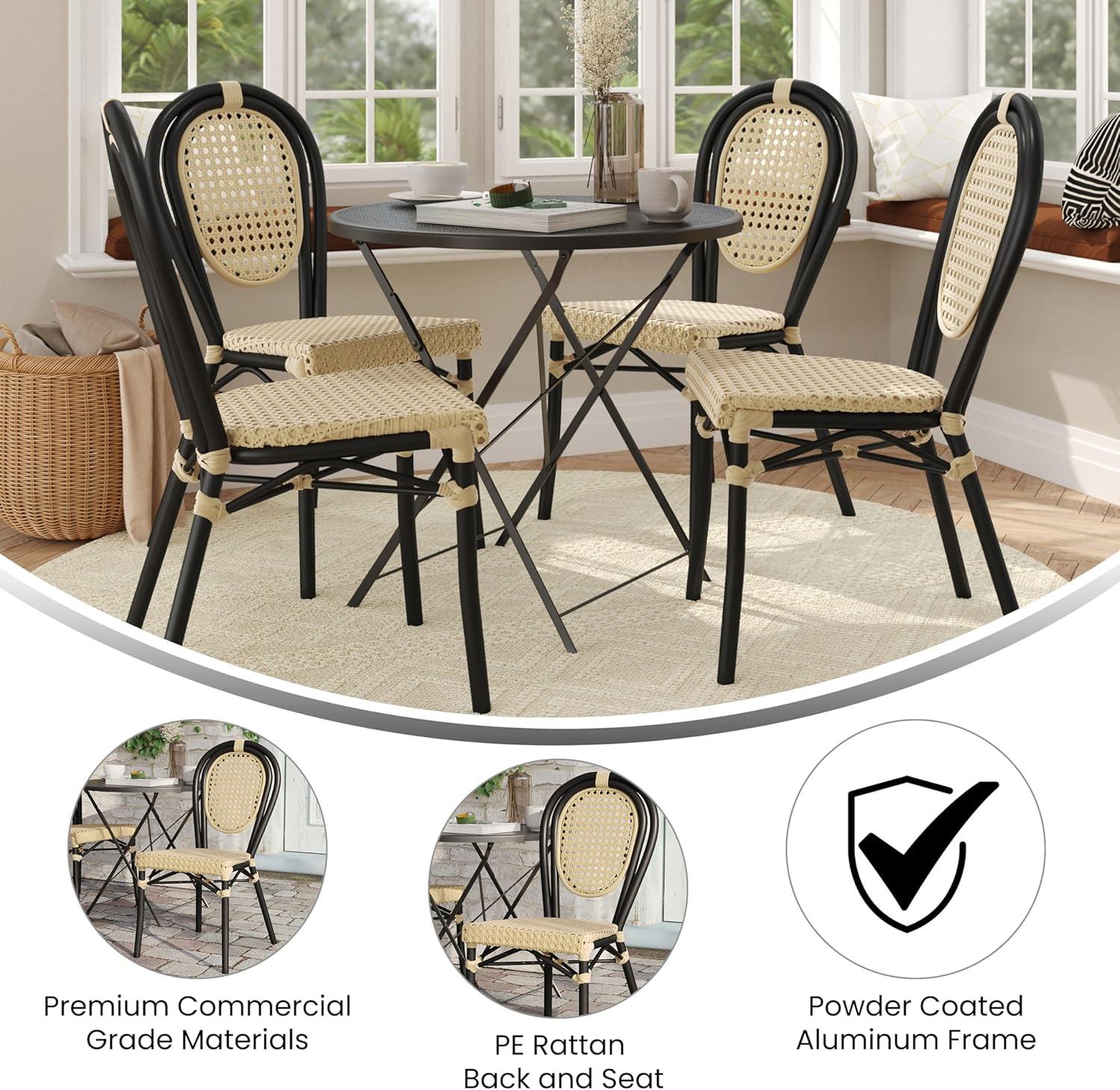 image:imageFlash Furniture Cannes IndoorOutdoor Commercial Thonet Bistro Stack Chair Natural PE Cane Rattan Back and Seat Black Metal FrameNaturalBlack Frame