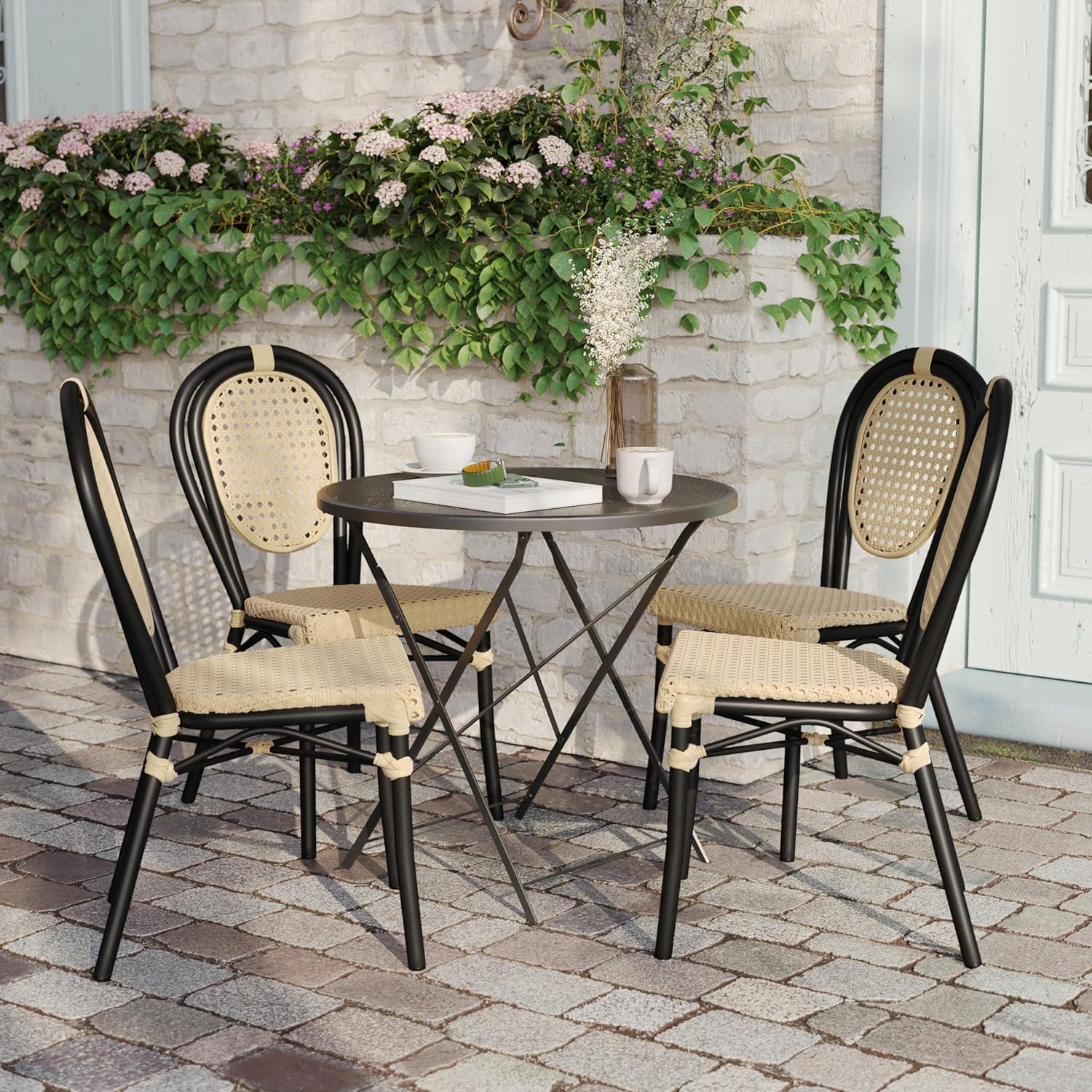 image:imageFlash Furniture Cannes IndoorOutdoor Commercial Thonet Bistro Stack Chair Natural PE Cane Rattan Back and Seat Black Metal FrameNaturalBlack Frame