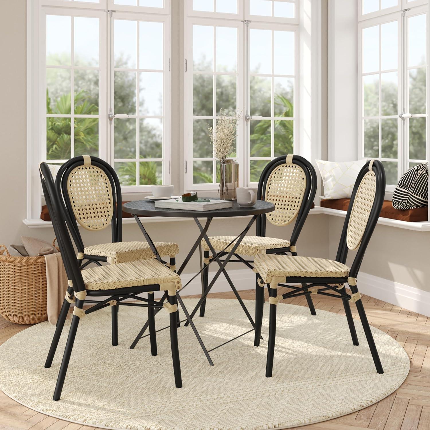 image:imageFlash Furniture Cannes IndoorOutdoor Commercial Thonet Bistro Stack Chair Natural PE Cane Rattan Back and Seat Black Metal FrameNaturalBlack Frame