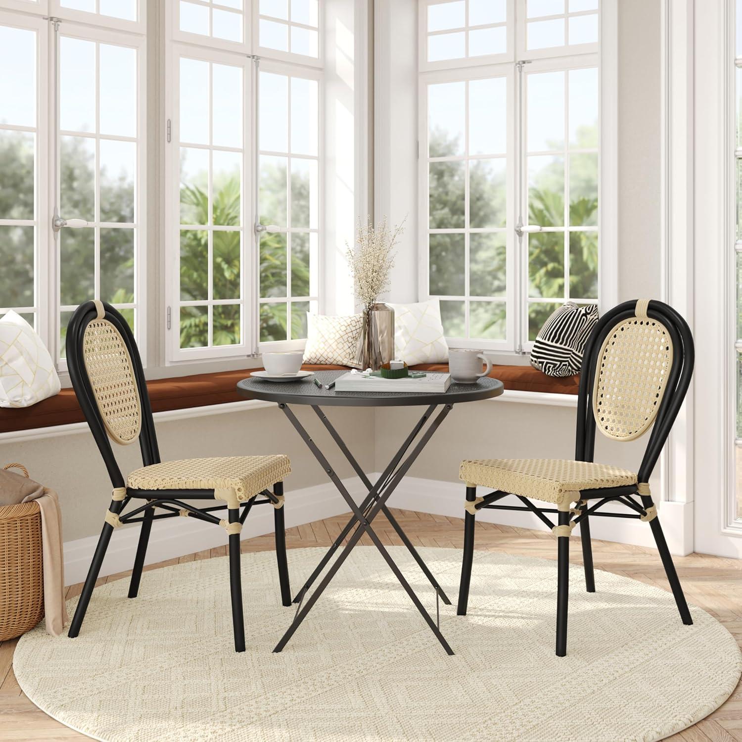 image:imageFlash Furniture Cannes IndoorOutdoor Commercial Thonet Bistro Stack Chair Natural PE Cane Rattan Back and Seat Black Metal FrameNaturalBlack Frame