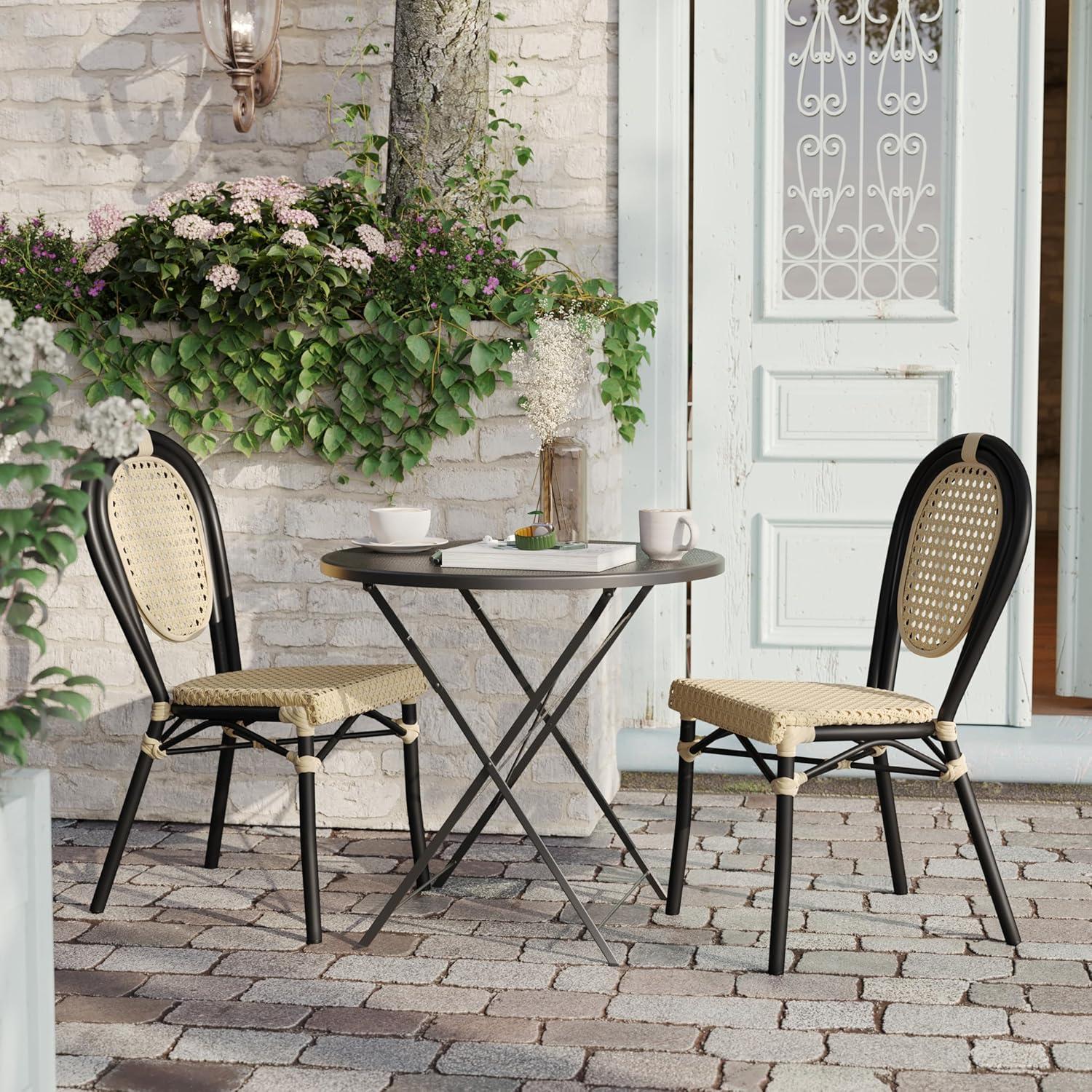 image:imageFlash Furniture Cannes IndoorOutdoor Commercial Thonet Bistro Stack Chair Natural PE Cane Rattan Back and Seat Black Metal FrameNaturalBlack Frame