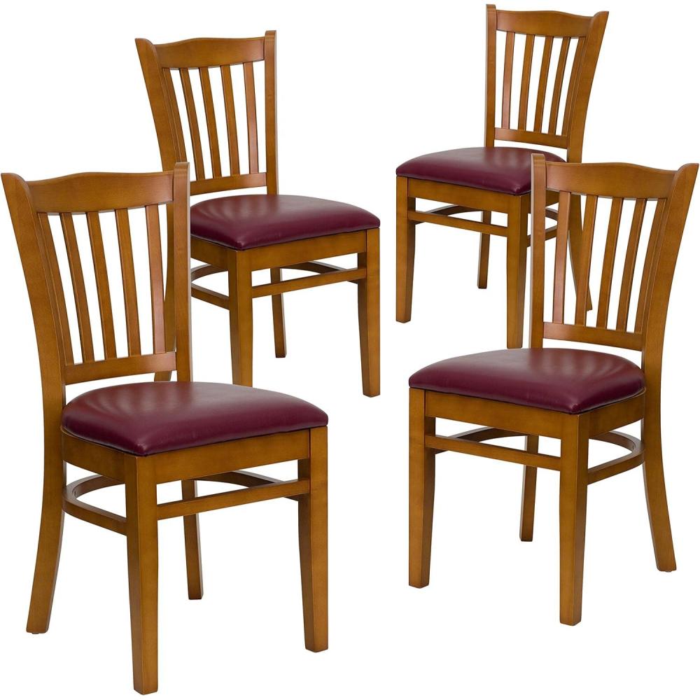 image:imageFlash Furniture 4 Pack HERCULES Series Vertical Slat Back Walnut Wood Restaurant Chair Black Vinyl SeatBurgundy Vinyl SeatCherry Wood Frame