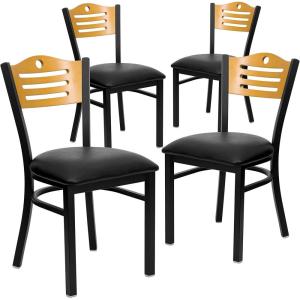 Flash Furniture 4 Pack HERCULES Series Black Slat Back Metal Restaurant Chair – Natural Wood Back, Black Vinyl Seat
