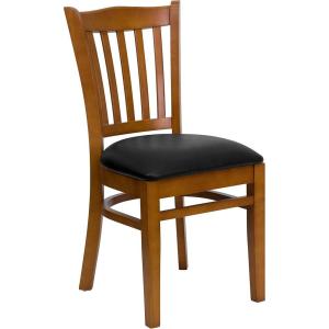 Flash Furniture 4 Pack HERCULES Series Vertical Slat Back Walnut Wood Restaurant Chair – Black Vinyl Seat(Black Vinyl Seat/Cherry Wood Frame)