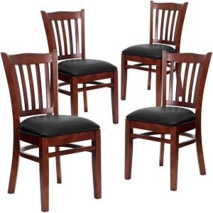 Flash Furniture 4 Pack HERCULES Series Vertical Slat Back Walnut Wood Restaurant Chair – Black Vinyl Seat(Black Vinyl Seat/Mahogany Wood Frame)