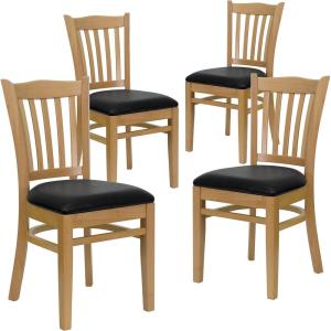 Flash Furniture 4 Pack HERCULES Series Vertical Slat Back Walnut Wood Restaurant Chair – Black Vinyl Seat(Black Vinyl Seat/Natural Wood Frame)