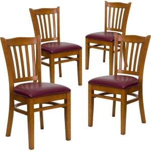 Flash Furniture 4 Pack HERCULES Series Vertical Slat Back Walnut Wood Restaurant Chair – Black Vinyl Seat(Burgundy Vinyl Seat/Cherry Wood Frame)