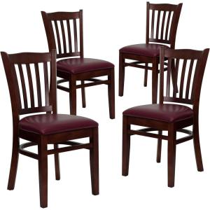 Flash Furniture 4 Pack HERCULES Series Vertical Slat Back Walnut Wood Restaurant Chair – Black Vinyl Seat(Burgundy Vinyl Seat/Mahogany Wood Frame)
