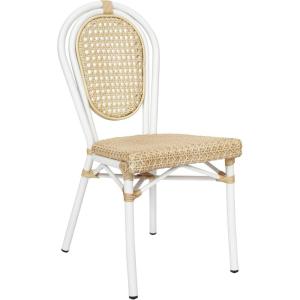 Flash Furniture Cannes Indoor/Outdoor Commercial Thonet Bistro Stack Chair – Natural PE Cane Rattan Back and Seat – Black Metal Frame(Natural/White Frame)