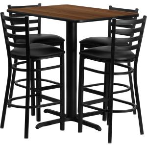 Flash Furniture 24”W x 42”L Rectangular Black Laminate Table Set with 4 Ladder Back Metal Barstools – Black Vinyl Seat(Walnut Top/Black Vinyl Seat)