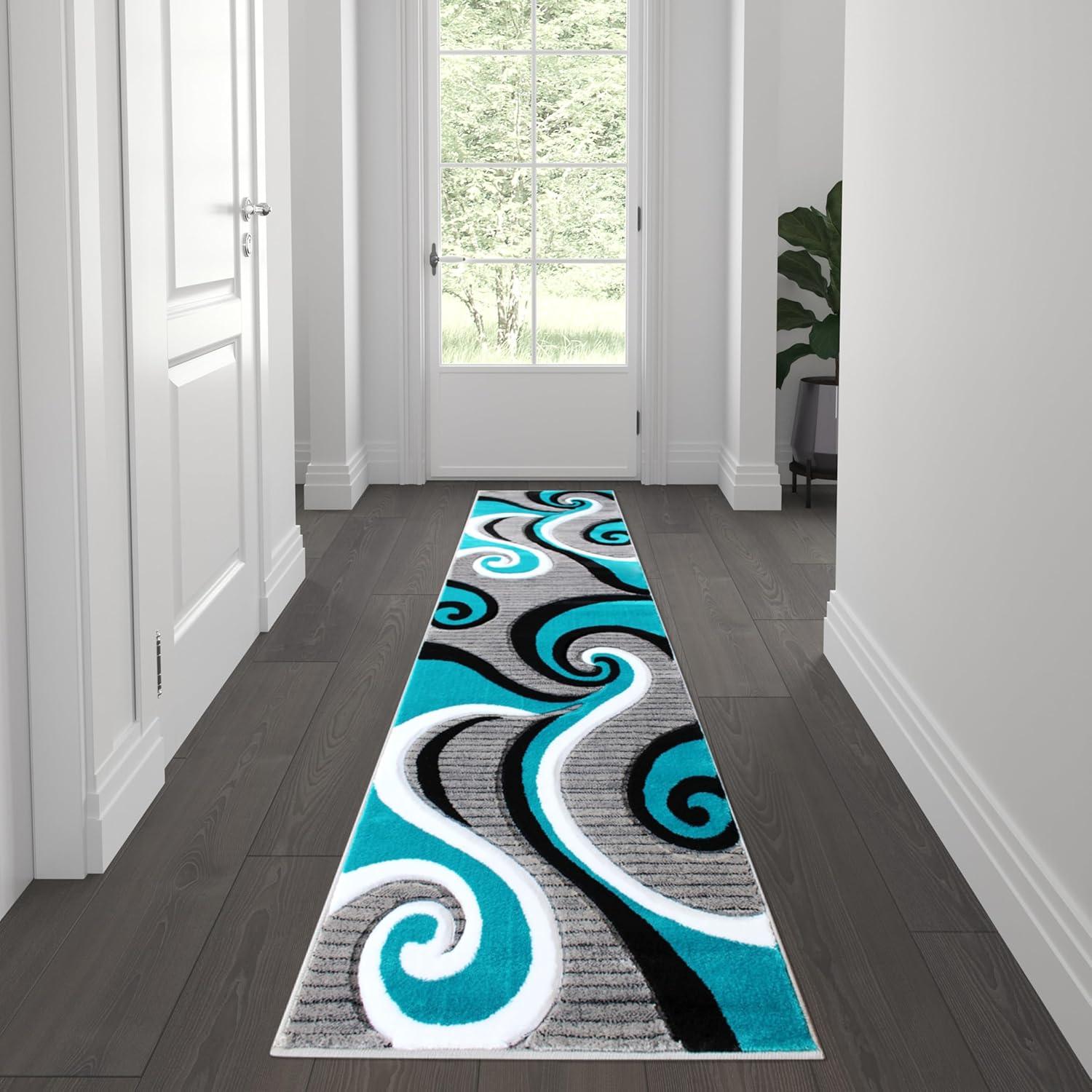image:imageFlash Furniture Athos Collection Abstract Area Rug Sculpted HighLow Pile Turquoise Olefin Rug 3 x 16 Area Rug Jute Backing Entryway Living Room BedroomTurquoise