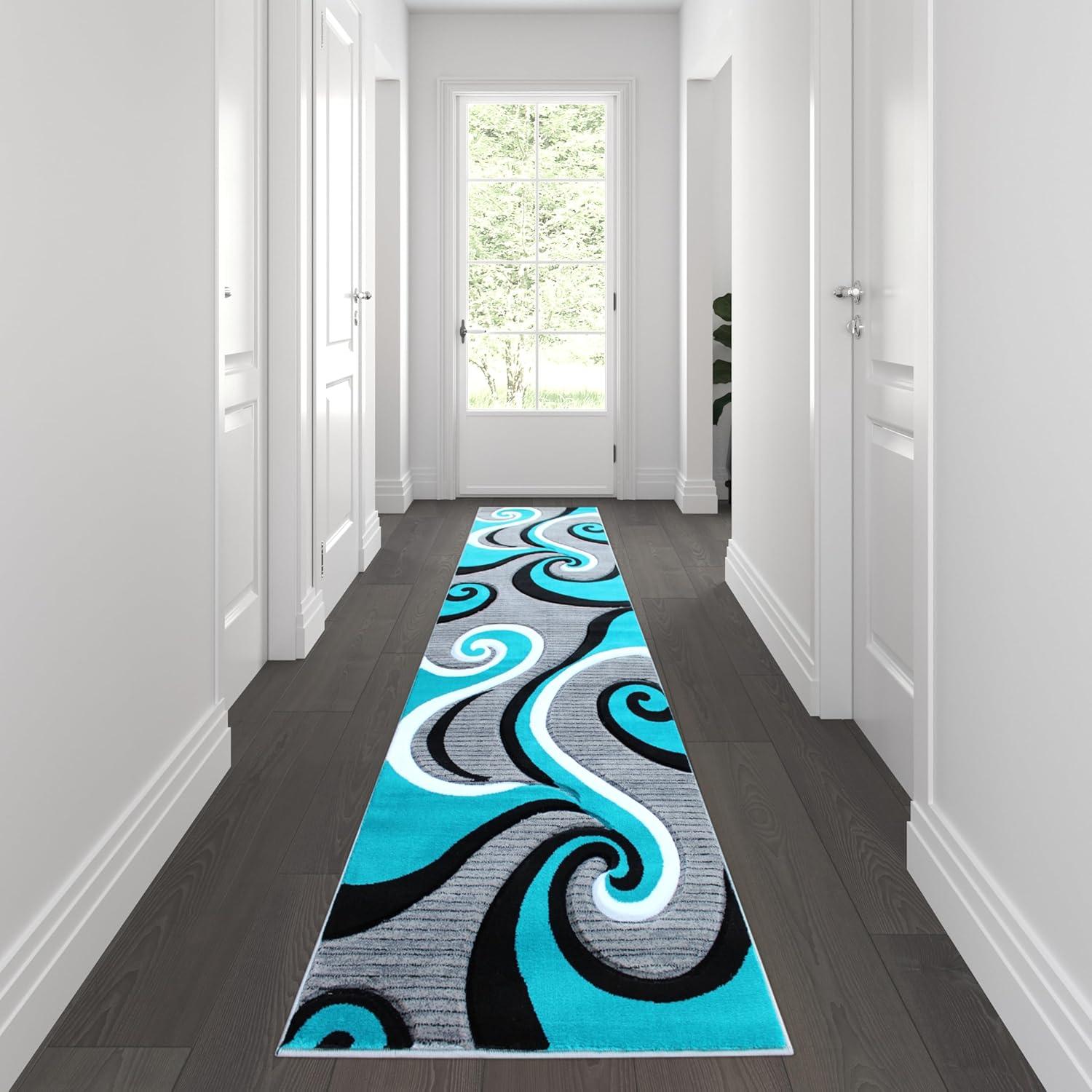 image:imageFlash Furniture Athos Collection Abstract Area Rug Sculpted HighLow Pile Turquoise Olefin Rug 3 x 16 Area Rug Jute Backing Entryway Living Room BedroomTurquoise