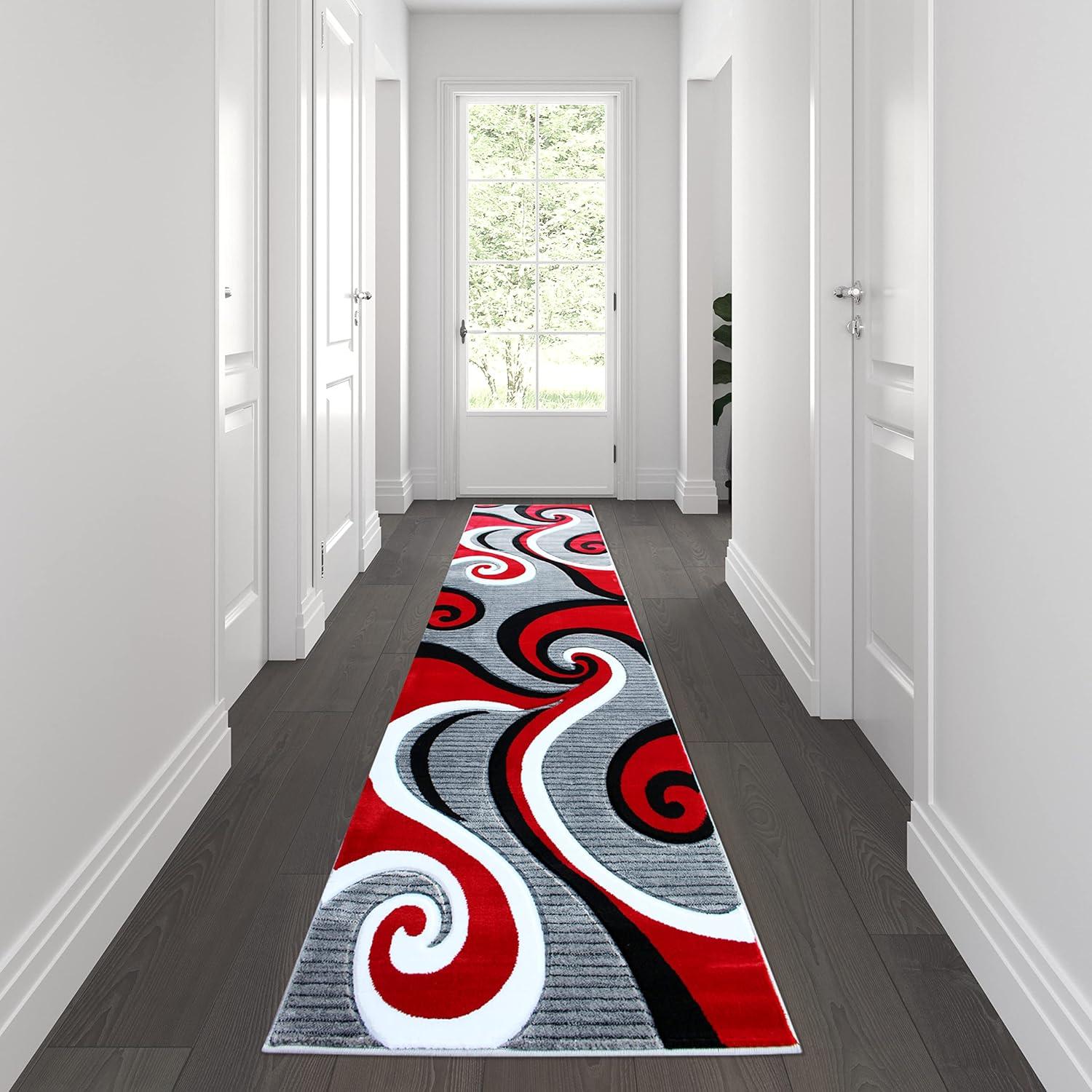 image:imageFlash Furniture Athos Collection Abstract Area Rug Sculpted HighLow Pile Turquoise Olefin Rug 3 x 16 Area Rug Jute Backing Entryway Living Room BedroomRed