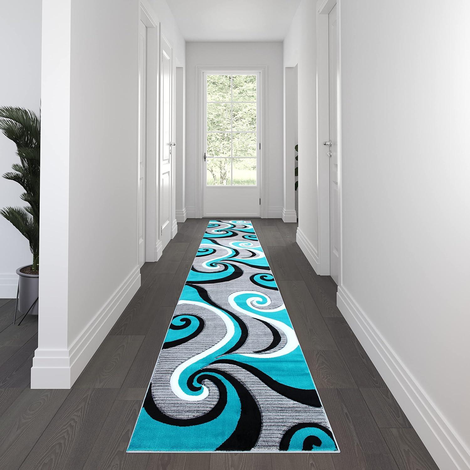 image:imageFlash Furniture Athos Collection Abstract Area Rug Sculpted HighLow Pile Turquoise Olefin Rug 3 x 16 Area Rug Jute Backing Entryway Living Room BedroomTurquoise