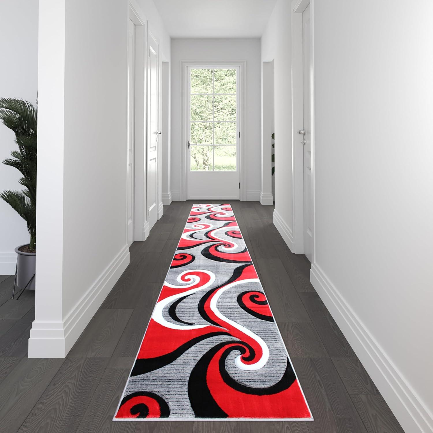 image:imageFlash Furniture Athos Collection Abstract Area Rug Sculpted HighLow Pile Turquoise Olefin Rug 3 x 16 Area Rug Jute Backing Entryway Living Room BedroomRed