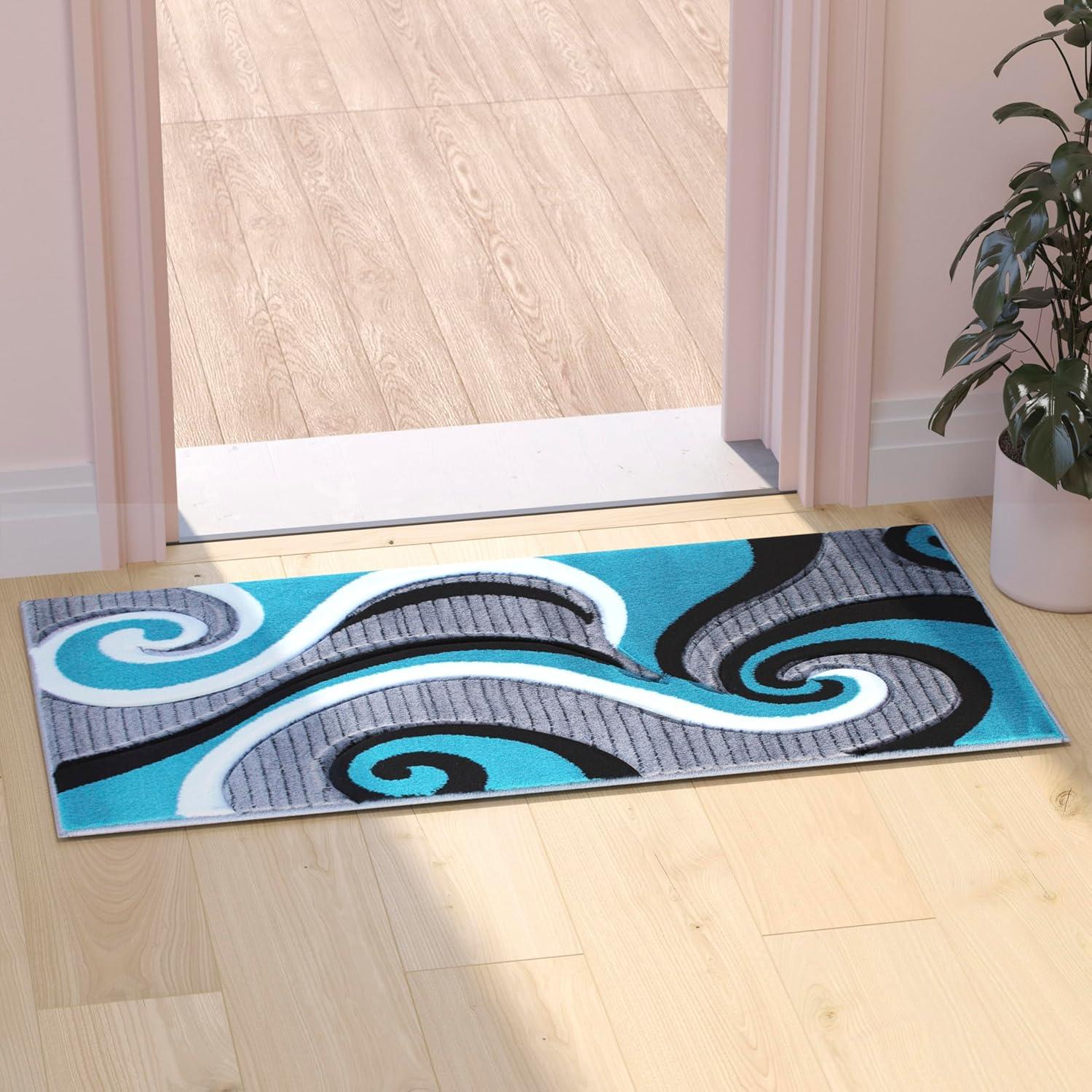 image:imageFlash Furniture Athos Collection Abstract Area Rug Sculpted HighLow Pile Turquoise Olefin Rug 3 x 16 Area Rug Jute Backing Entryway Living Room BedroomTurquoise