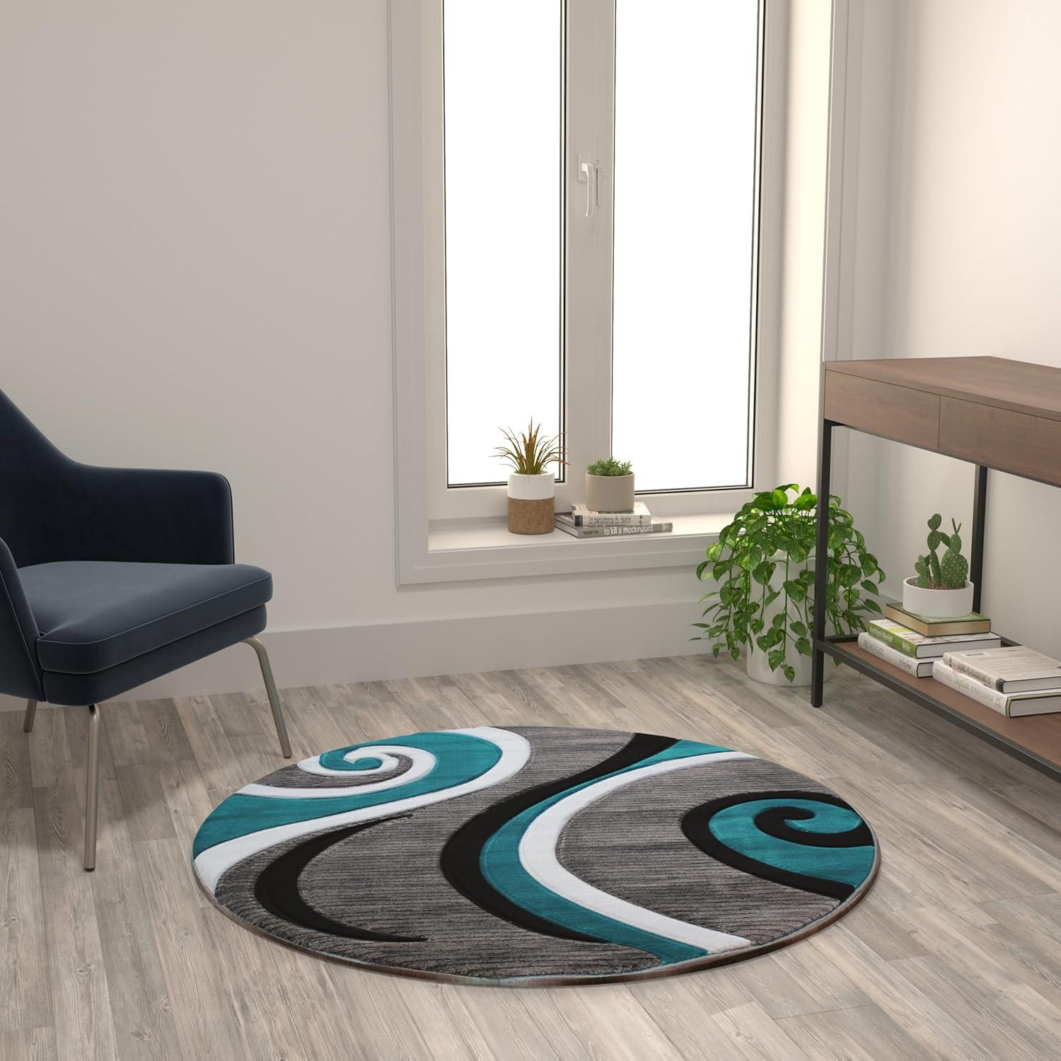 image:imageFlash Furniture Athos Collection Abstract Area Rug Sculpted HighLow Pile Turquoise Olefin Rug 3 x 16 Area Rug Jute Backing Entryway Living Room BedroomTurquoise