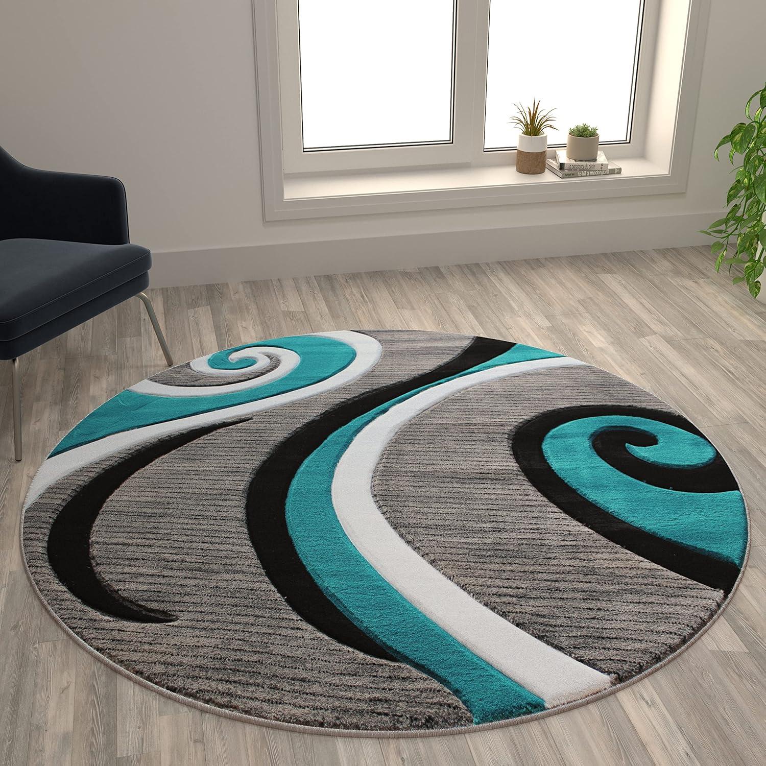 image:imageFlash Furniture Athos Collection Abstract Area Rug Sculpted HighLow Pile Turquoise Olefin Rug 3 x 16 Area Rug Jute Backing Entryway Living Room BedroomTurquoise
