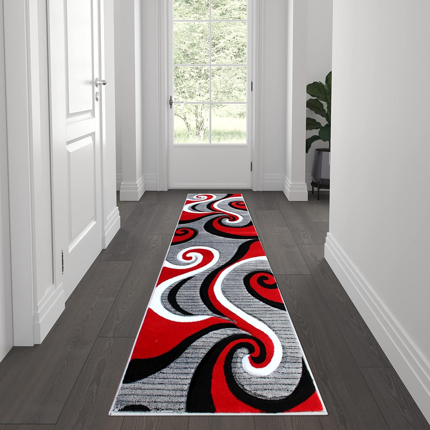 image:imageFlash Furniture Athos Collection Abstract Area Rug Sculpted HighLow Pile Turquoise Olefin Rug 3 x 16 Area Rug Jute Backing Entryway Living Room BedroomRed